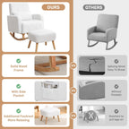 HCHAIRH Rocking Chair with Ottoman, Upholstered Glider Rocker with High Backrest and Side Pocket, Comfy Reading Chair with Solid Wood Legs for Nursery, Living Room,Bedroom White