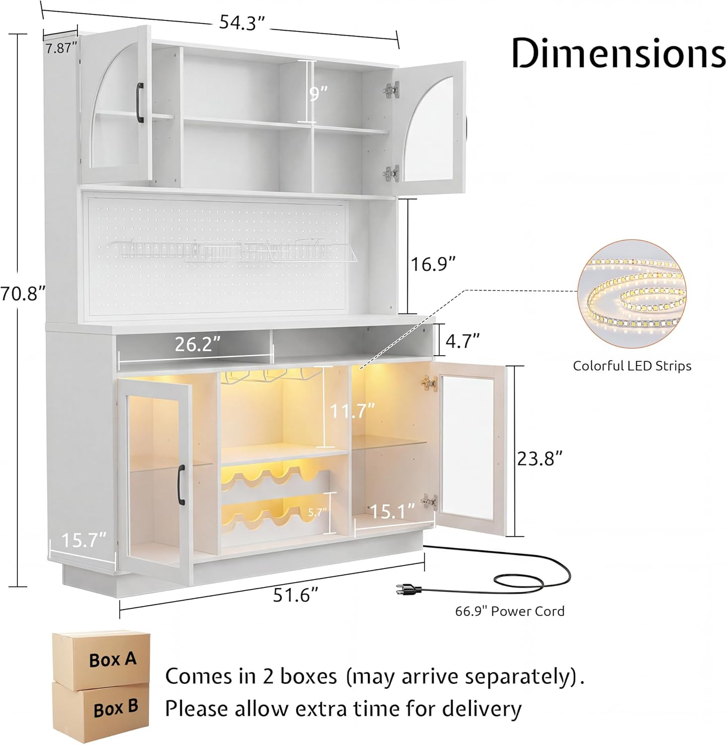 71" Tall Kitchen Pantry Storage Cabinet with LED Lights & Charging Station, Farmhouse Coffee Bar Cabinet with Adjustable Shelves & Pegboard, Pantry Cabinet with Countertop & Microwave Stand (White)