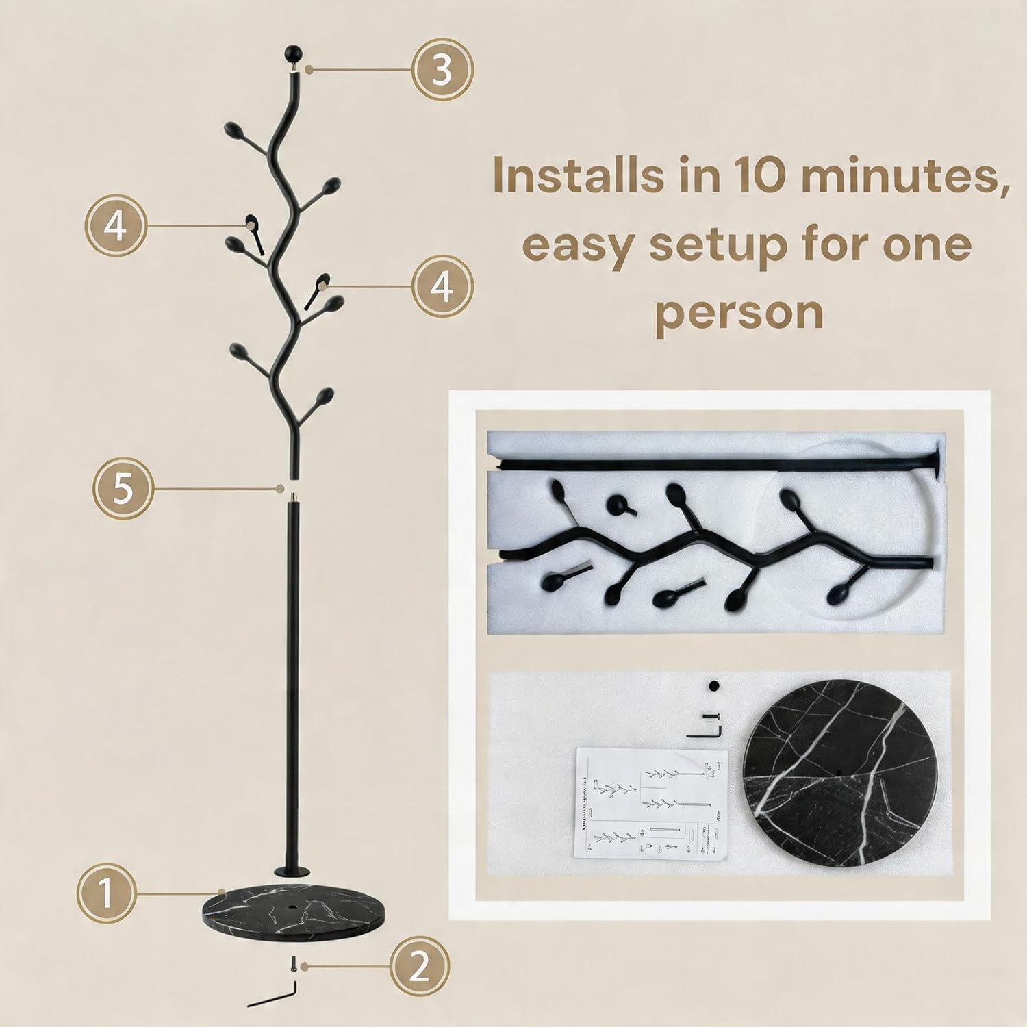 Freestanding Tree Branch Coat Rack with Marble Base, Gold Decorative Standing Coat Rack with 8 Hooks, Sturdy Heavy Duty Metal Coat Hanger Stand for Entryway Bedroom Living Room (All Black)