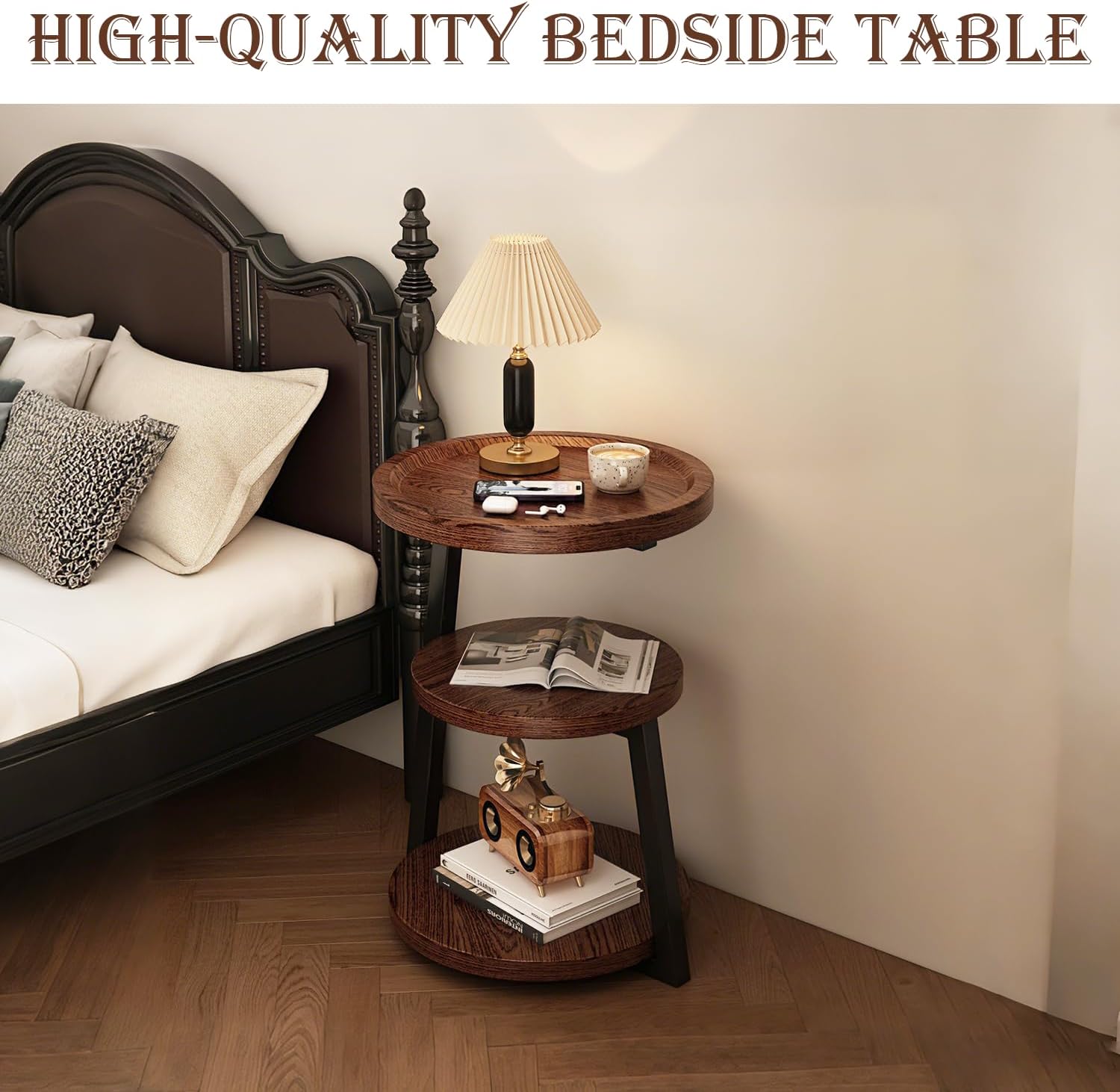 YUNMUARY-Walnut Wood Side Table,Modern Round Bed Tables Bedroom,Circle End Table with Storage,16 Inches Wide Small Couch End Tables for Kitchen,Hallway,Living Room,and Corners.