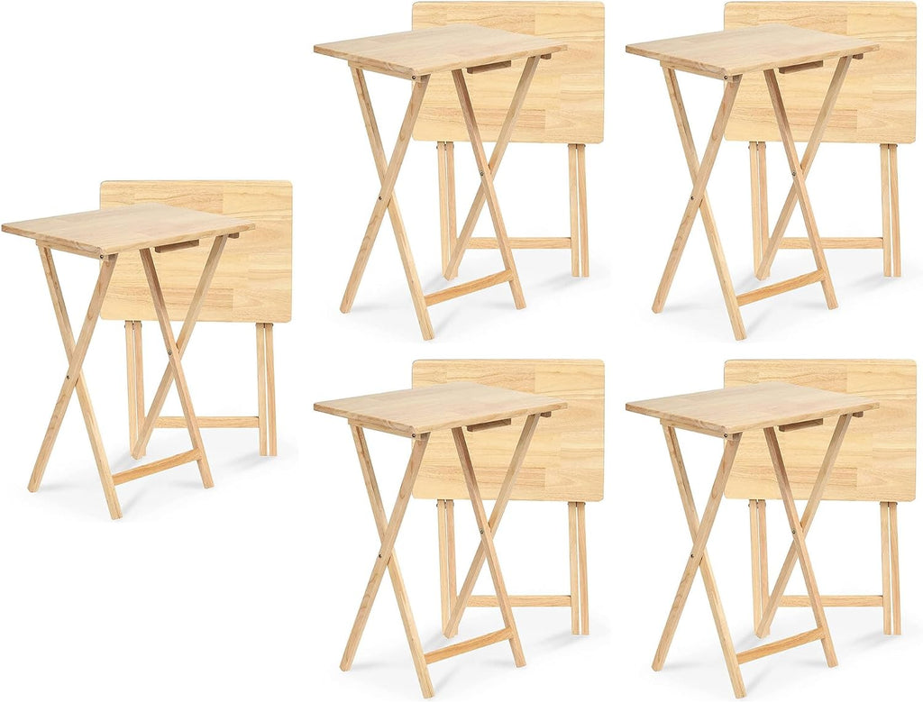 PJ Wood - Folding TV Tray Tables - Solid Wood, 10-Piece Set | Rectangular Design, 14.57 x 19.09 x 26 in, Natural Finish, Rustic Style, Compact Storage, For Couch Dining Or Work