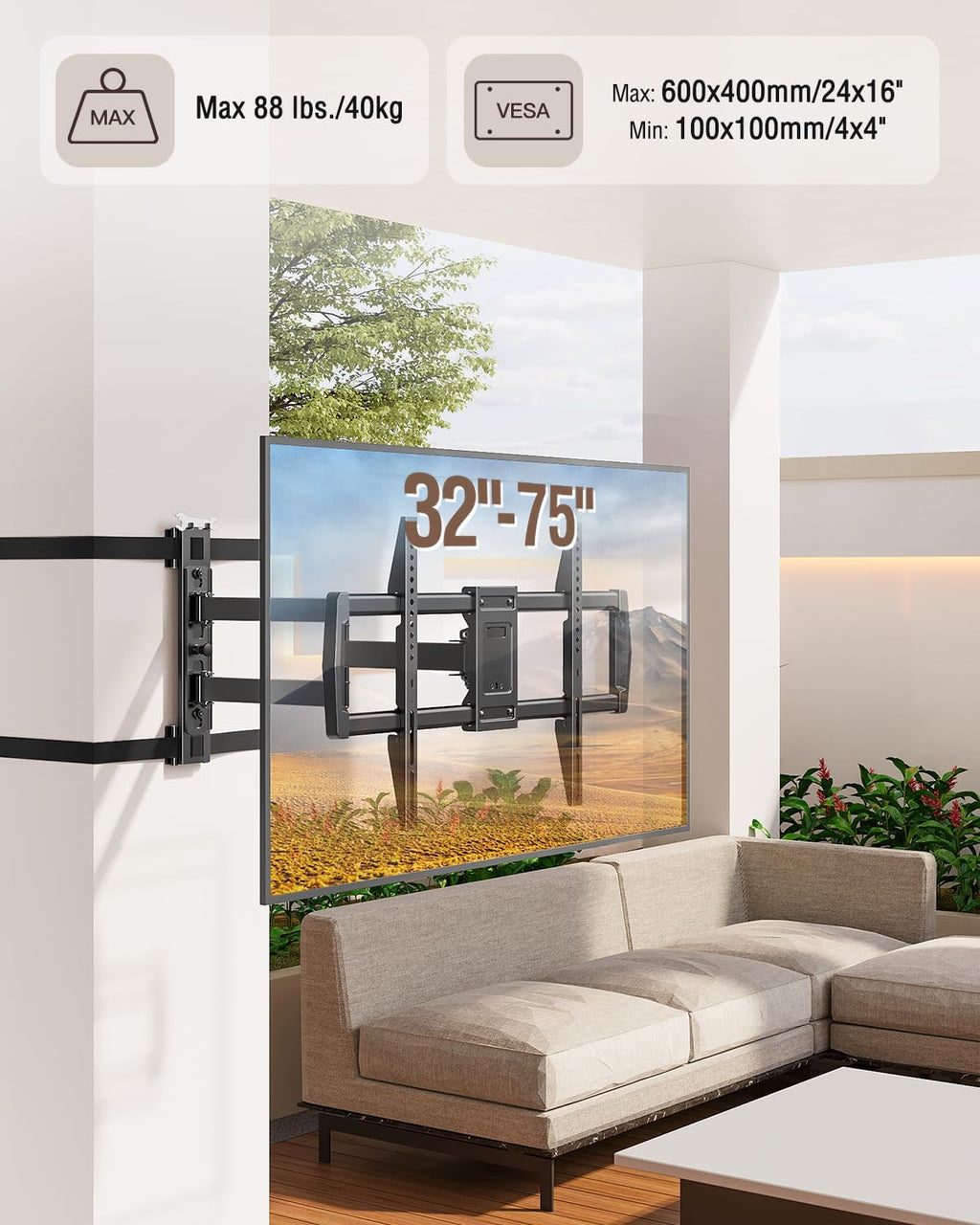 ELIVED Pillar TV Mount for Most 32"-75" TVs, Column TV Mount for Gazebo Patio Pergola, No Drill Full Motion tv Bracket Swivel and Tilt, Fits Multi-Shaped Poles, Max VESA 600x400mm, 88 Lbs.