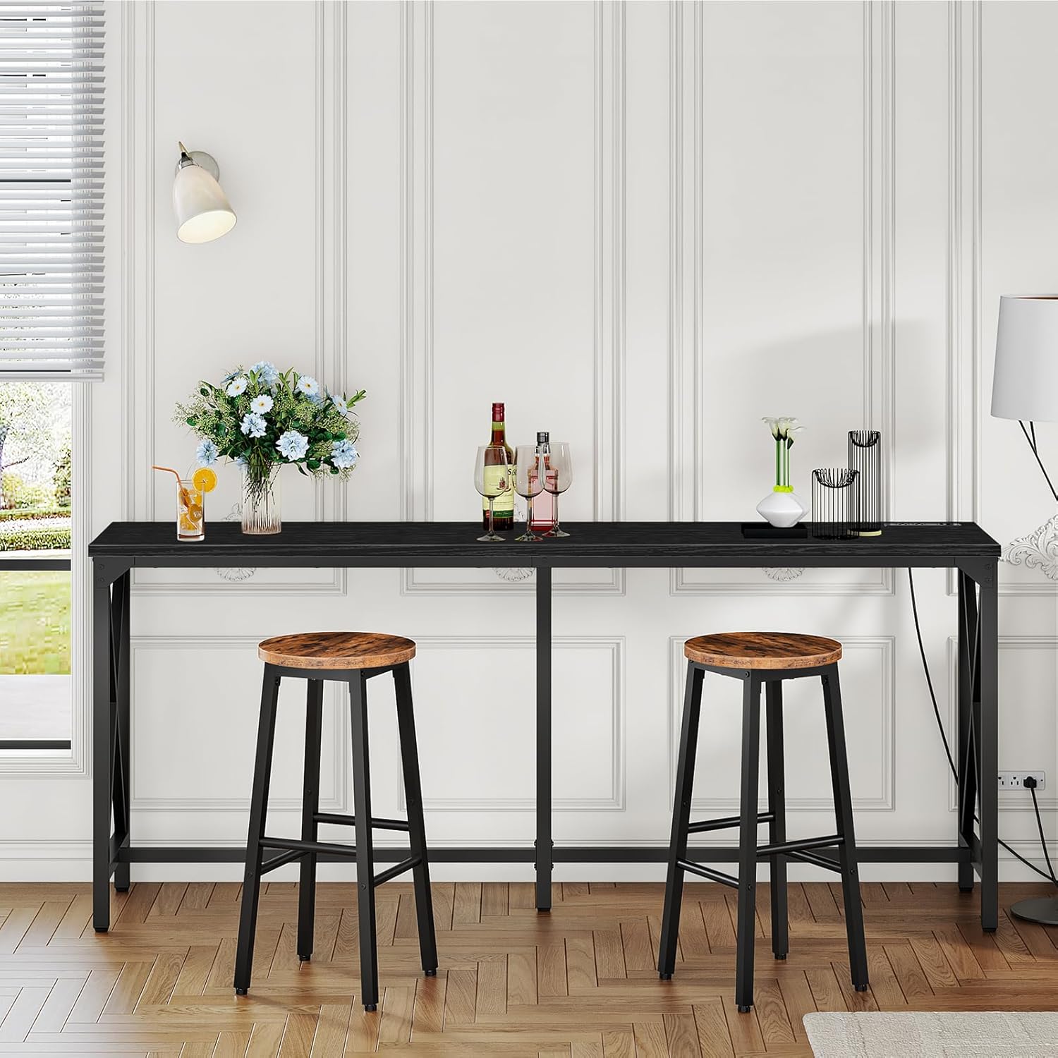 CHOEZON 70.9'' Bar Table, Kitchen Dining Table with Power Outlet and Footrest, Industrial Style, for Pub, Living Room, Black TBT08UBB