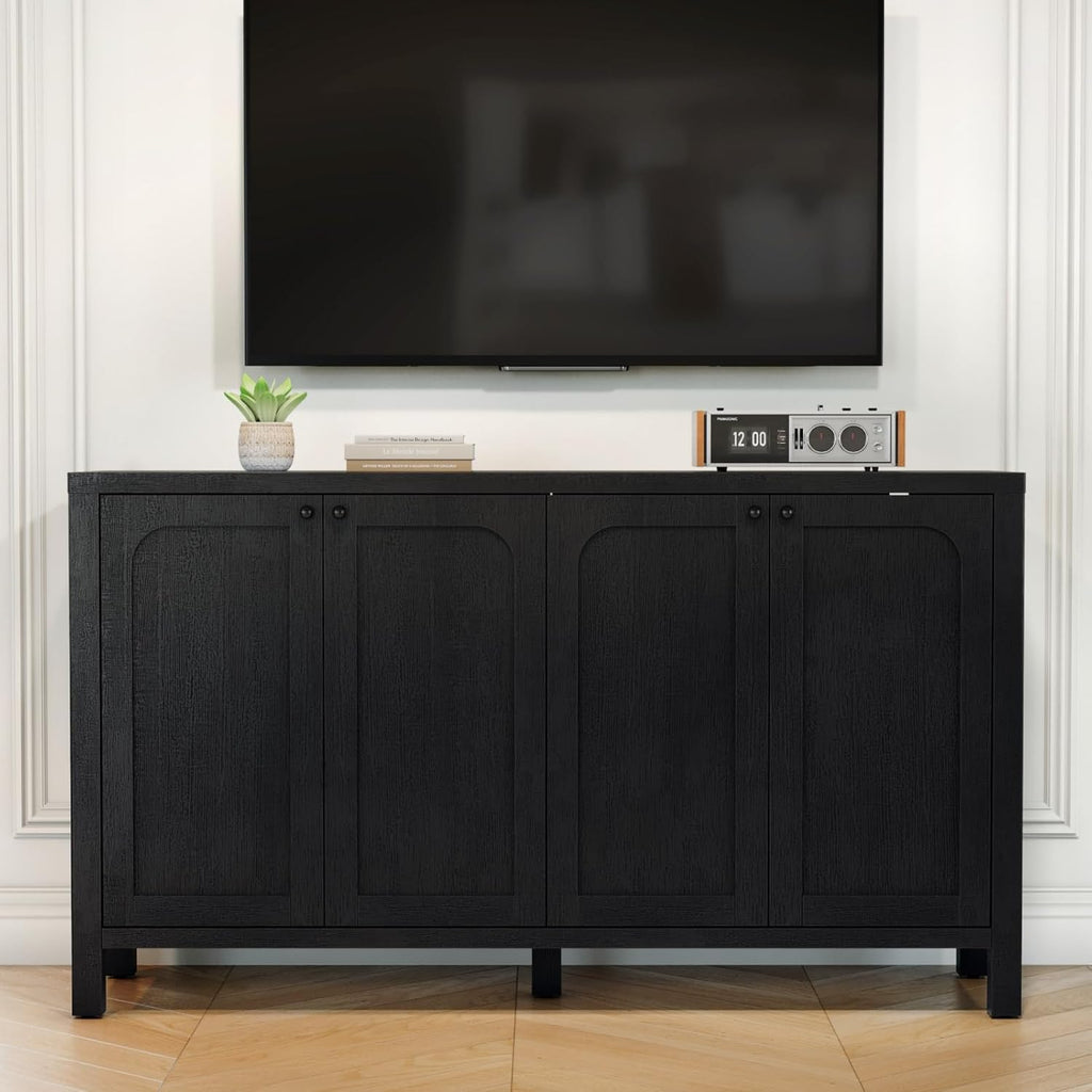 55" Black Sideboard Buffet Cabinet with Storage Modern Credenza with Doors Heavy Duty Wood TV Media Console Table Accent Cabinet for Living Room Hallway Entryway