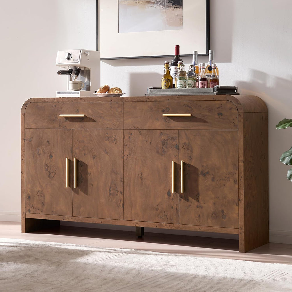59" Sideboard Buffet Cabinet with Storage, Curved Sideboard Cabinet＆ Adjustable Shelves, FSC-Certified Wooden Board Modern Credenza Buffet Table Console Cabinets (Dark Burl)