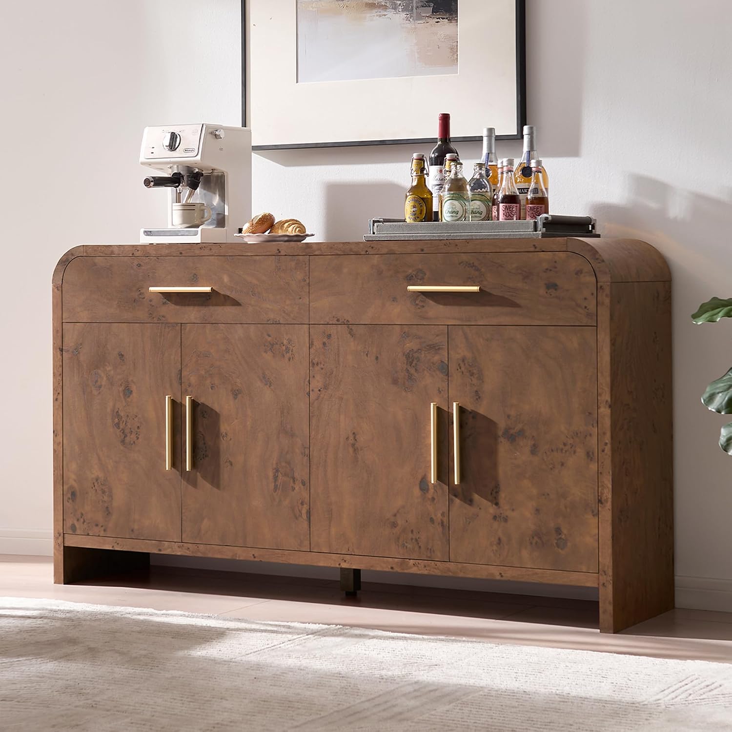 59" Sideboard Buffet Cabinet with Storage, Curved Sideboard Cabinet＆ Adjustable Shelves, FSC-Certified Wooden Board Modern Credenza Buffet Table Console Cabinets (Dark Burl)