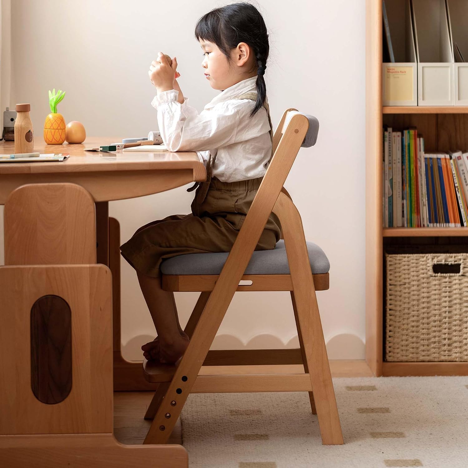 YESWOOD Solid Wood Kids Study Chair, Height Adjustable Chidren Student Chair with Removable Seat Cushion and Backrest, Wooden Chair for Home Office, Living Room, Bedroom, Study (Fabric Grey)