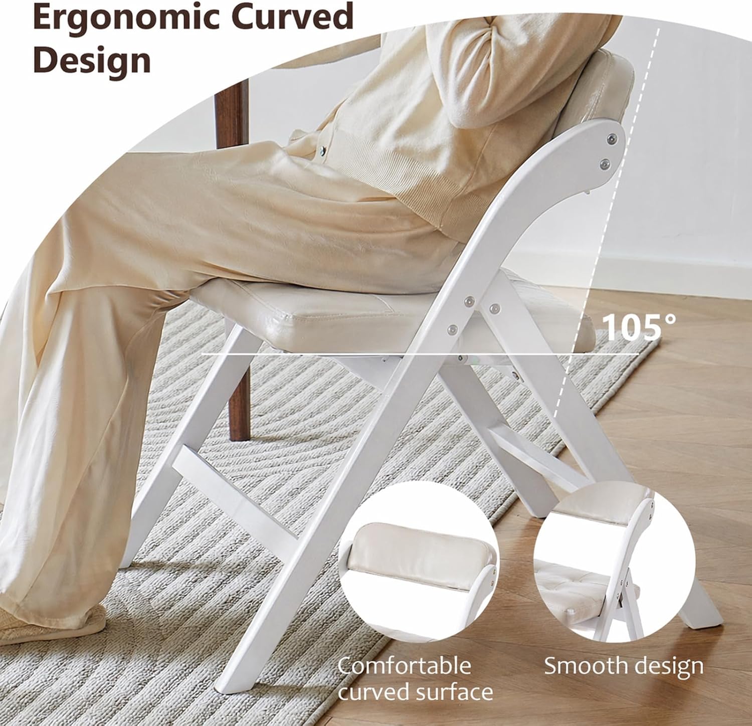 Wood Folding Chairs Set of 2, Upholstered Foldable Dining Chairs with Padded Seat and Backrest, Portable Accent Chairs for Kitchen, Dining Room, Apartment, Office, Guest Seating, White