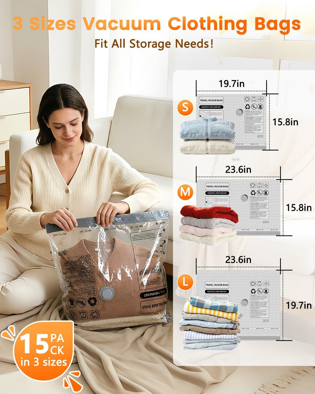 15 Pack Vacuum Seal Bags for Clothing Travel with -60KPa Rechargeable Wireless Pump, Space Saver Compression Vacuum Storage Bags in Multiple Carry-On Sizes for Luggage, Suitcase and Seasonal Storage