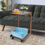 Bacocoo 40cm C Shaped End Table,Natural Wood Color Rubber Wood Small Side Table with 4 Universal Wheels,Mobile Sofa Side Table with Storage Shelf,Table for Living Room, Bedroom,Office. (Walnut Color)