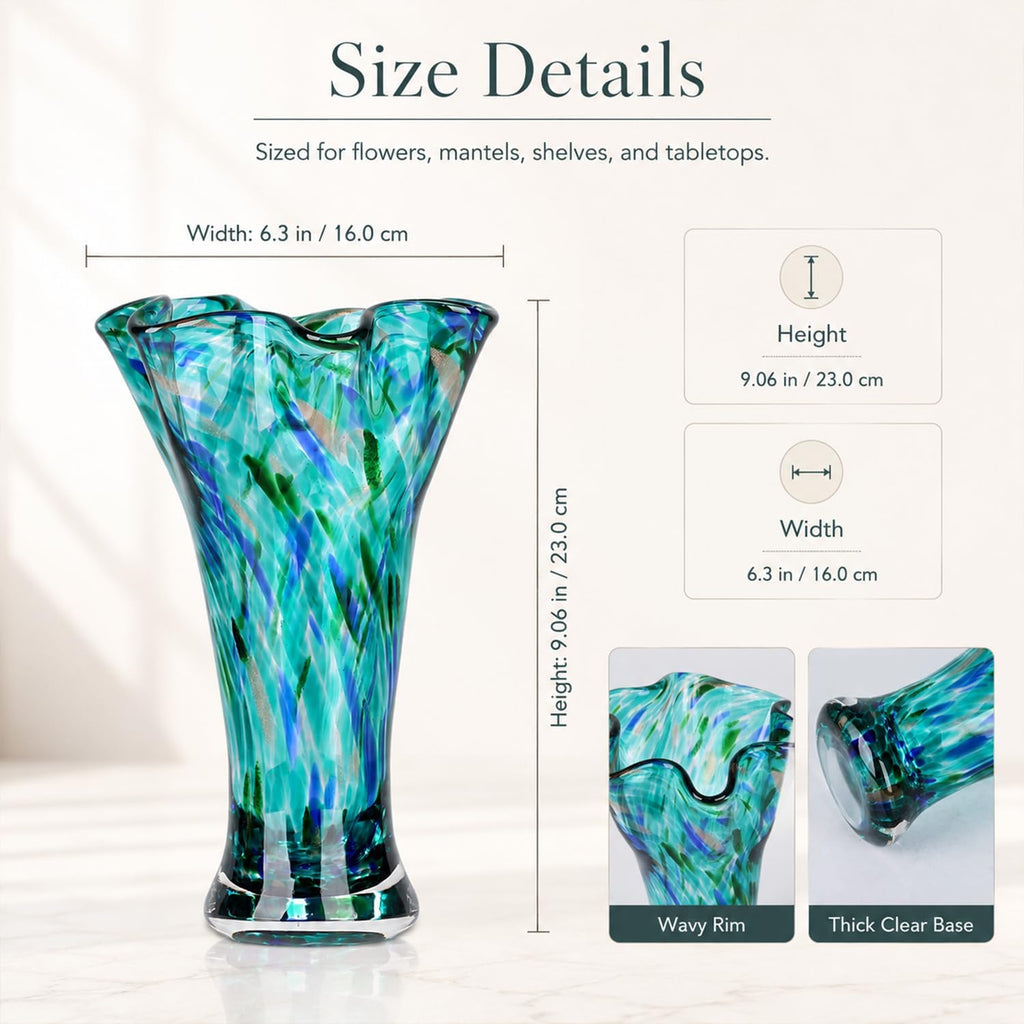 9.0" H Teal Glass Vases for Flowers, Unique Hand Blown Glass Vase Green Home Decor, Wide Mouth Colorful Flower Vase Centerpieces, for Living Room Table Bookshelf, Bathroom Office Shelf Decorative