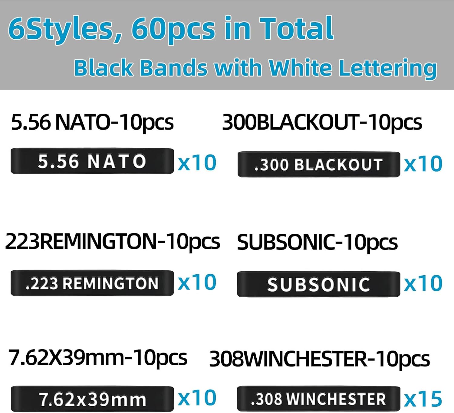 60 Pack Miaozhun Magazine Marking Bands, 5.56 NATO, 223Remington, 300 Blackout, Subsonic, 7.62x39mm, 308Winchester Magazine Caliber Identification