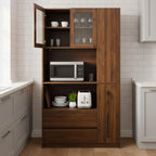 70.87" Tall Microwave Cart with Storage, Kitchen Pantry Cabinet with Multi-functional Pull-out Multi-tier Storage Shelf, 4-Tier Side Shelf 2 Drawers with Glass Door for Dining Room Home Office, Walnut