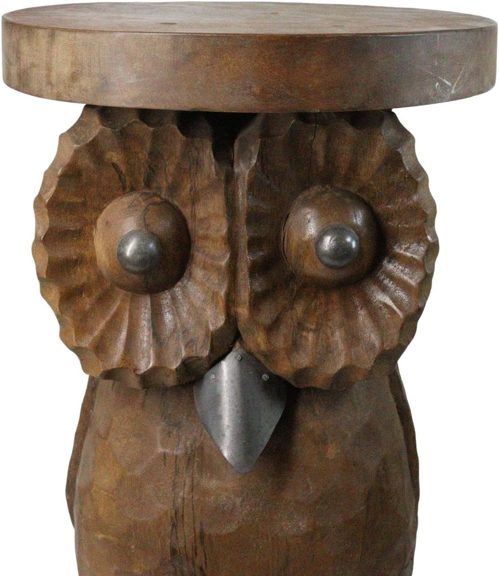 Ebros Gift Hand Carved Whimsical Wise Owl Round Top Sculptural Side Table Made of Mango Wood 18" Tall Home Office Decor Furniture