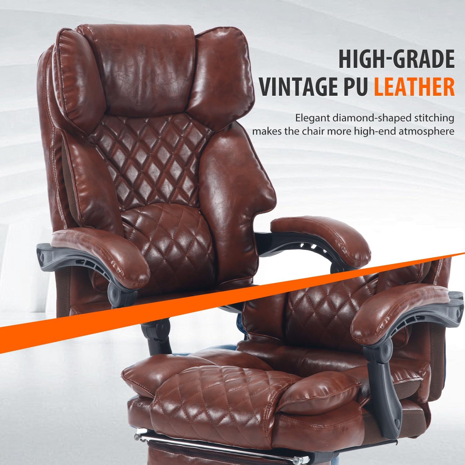 Reclining Ergonomic Executive Office Chair With Footrest, 400lbs Big Tall Recliner Desk Chairs with Lumbar Support, Heavy Duty High Back Vintage Leather Home Computer Chair with Wheels, Brown