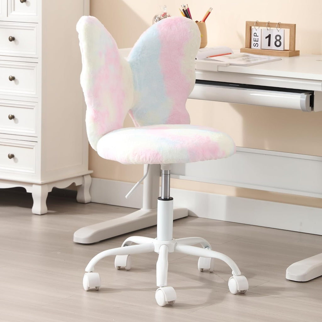 Kmax Kids Desk Chair, Faux Fur Butterfly Chair with Wheels Adjustable Cute Swivel Kids Office Chair for Bedroom Reading Room - Colorful
