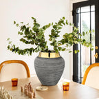 Rustic Ceramic Vase with Gold Rim – 9.4" Decorative Flower Vases for Living Room, Dining Table Centerpiece & Shelf Décor – Modern Farmhouse, Boho & Contemporary Home Accents