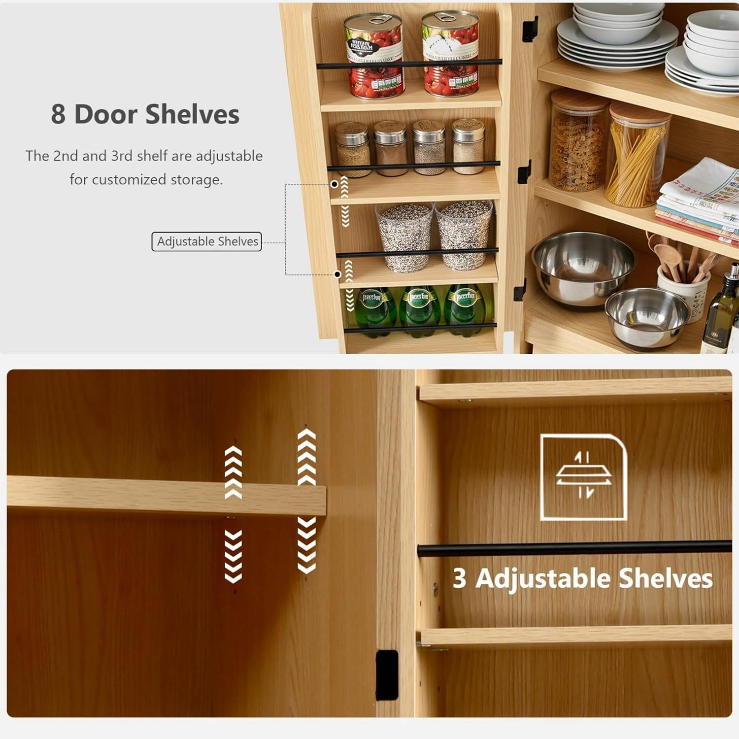 31.5x15.75x72Inches Natural Tall Farmhouse Kitchen Pantry Cabinet, 8 Door Shelves & 3 Adjustable Shelves, Curved Design with Hidden Drawer, for Kitchen Dining Bathroom Living Room