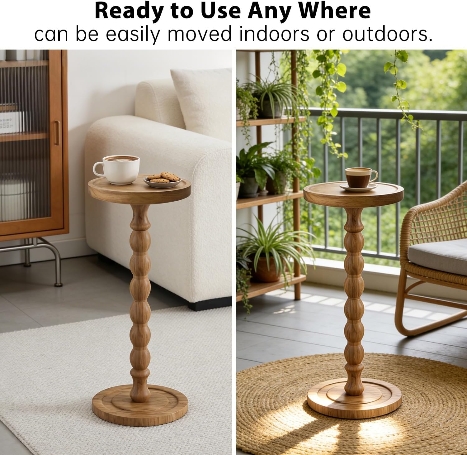 Small Round Side Table for Small Spaces, Wood Pedestal Drink Table & Narrow End Table for Living Room Couch, Modern Bedside Nightstand for Bedroom & Nursery（Walnut）
