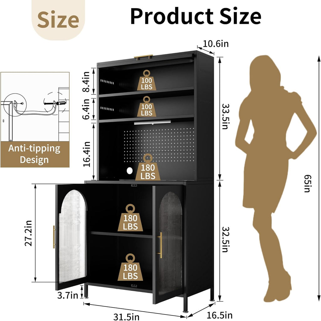 BECHEAO 5 Tier Metal Kitchen Pantry Storage Cabinet with LED Sensor Light, 66" Tall Food Pantry Cabinet, DIY Pegboard, Adjustable Shelves, Microwave Stand & Coffee Bar with Storage for Kitchen, Black