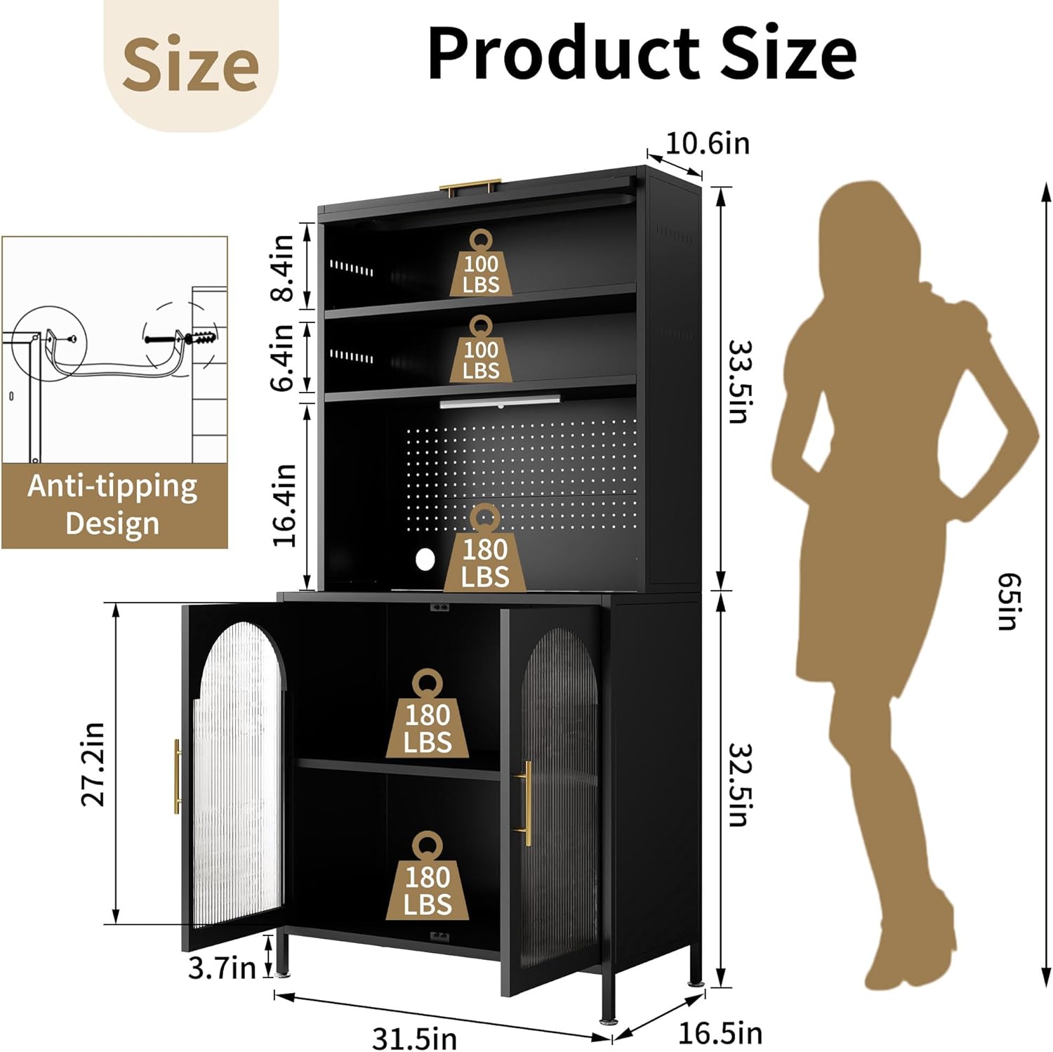 BECHEAO 5 Tier Metal Kitchen Pantry Storage Cabinet with LED Sensor Light, 66" Tall Food Pantry Cabinet, DIY Pegboard, Adjustable Shelves, Microwave Stand & Coffee Bar with Storage for Kitchen, Black