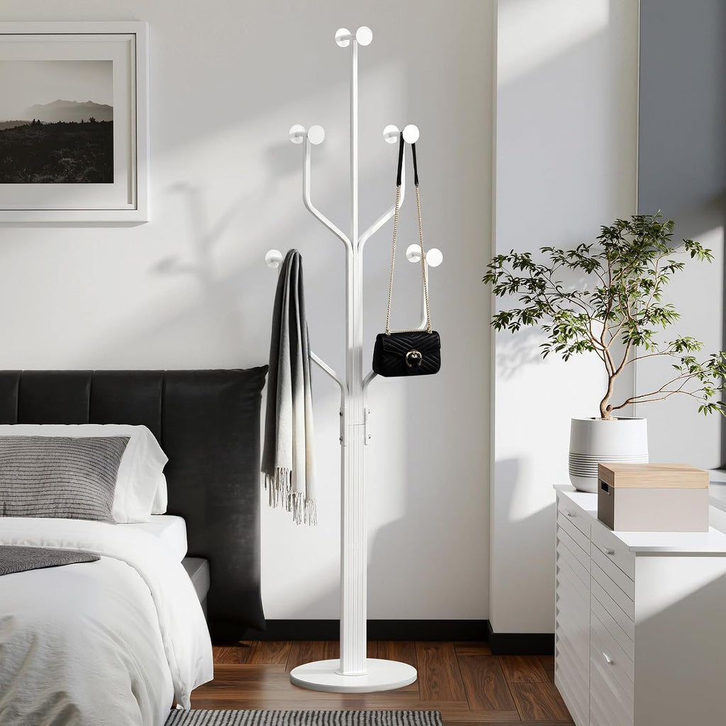 Coat Rack Freestanding Metal Coat Tree with 10 Hooks, White | Heavy Duty Standing Coat Rack, Stainless Steel Marble Base, Coat Hanger Stand for Bedroom Entryway Hallway, Hat, Bags