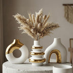 Modern Ceramic Decorative Vase Set of 3 – Minimalist Sculptural Vases for Living Room, Shelf & Table Decor, Nordic Donut Vase Set for Contemporary Home Decor (White and Gold)