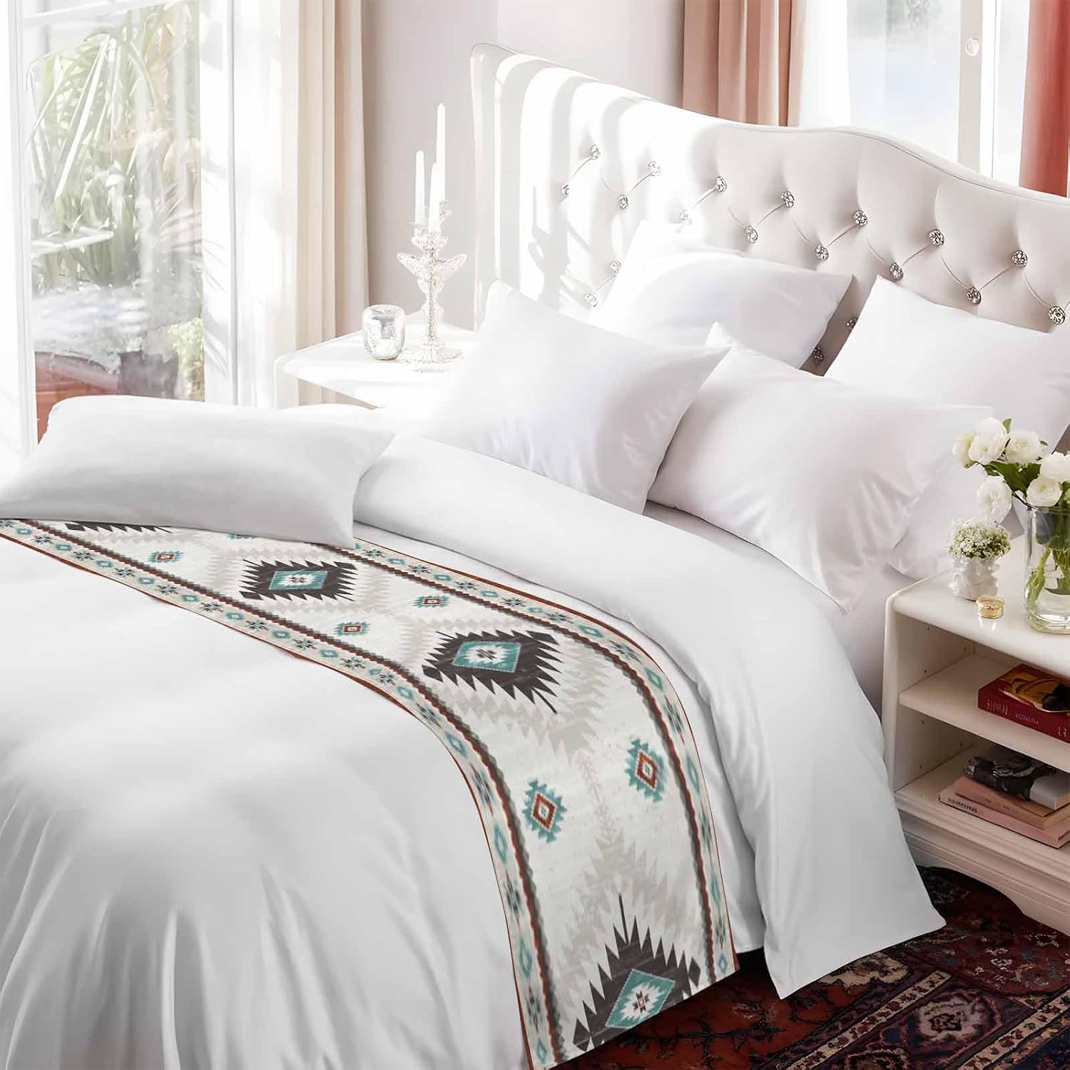 Turquoise Beige Boho Bed Runner King Size, Vintage Ethnic Tribal Southwestern Bed Scarf Protector Slipcover for Bedroom Wedding Room Hotel, Bedding Runner Throws for Foot of Beds 94"x20"