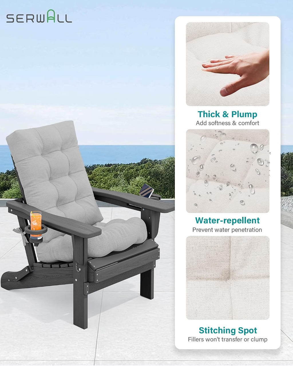 SERWALL Folding Gray Adirondack Chair Set of 4 with Memory Foam Cushions