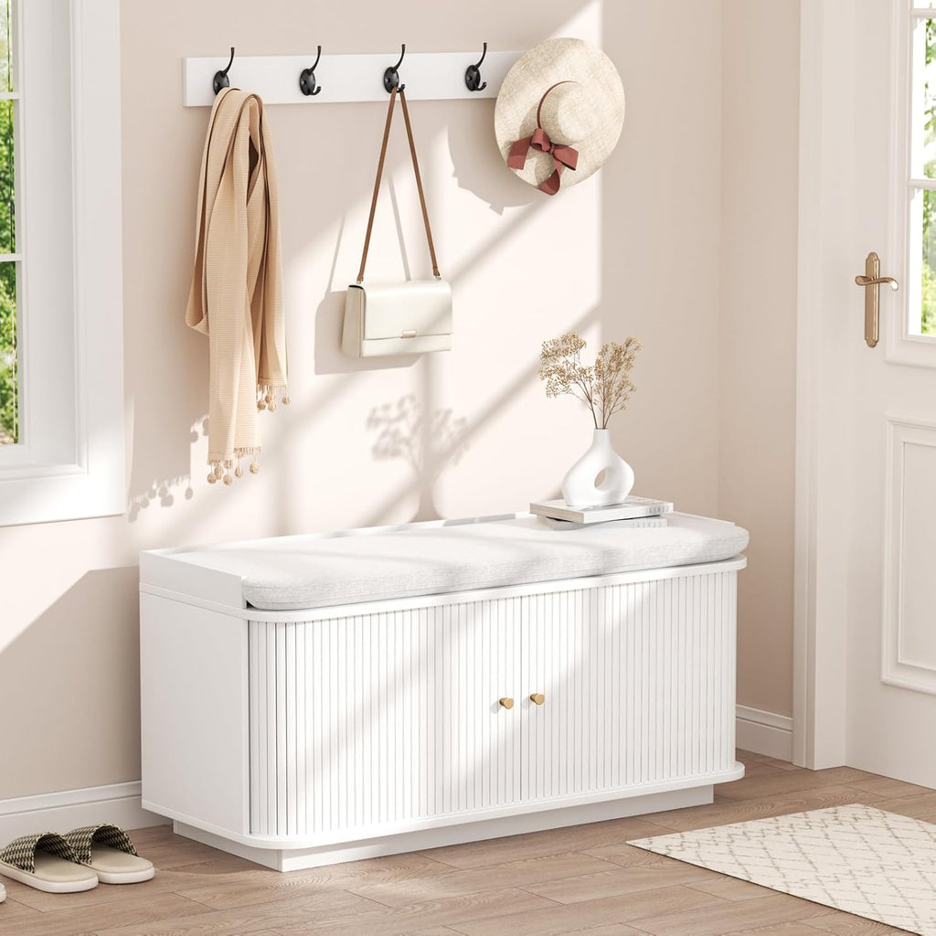 Hall Tree with Bench and Shoe Storage, Entryway Bench with Sliding Door Cabinet, Removable Padded, Metal Wall Hooks and Adjustable Storage Compartments, for Entry, Hallway, Living Room, White