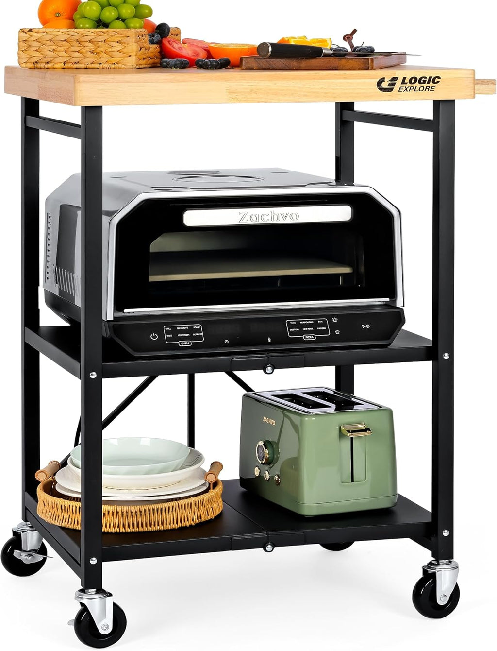 Foldable Kitchen Storage Cart with Solid Oak Top, Heavy-Duty Metal Frame, 3-Tier Rolling Utility Rack, Kitchen Island on Lockable Wheels for Microwave, Toaster Oven & Food Prep