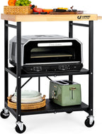 Foldable Kitchen Storage Cart with Solid Oak Top, Heavy-Duty Metal Frame, 3-Tier Rolling Utility Rack, Kitchen Island on Lockable Wheels for Microwave, Toaster Oven & Food Prep