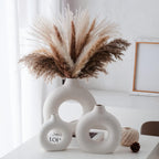 White Ceramic Donut Vase Set of 2, Hollow Matte Pampas Flower Vases for Boho Home Wedding Party Room Dinner Table Shelf Decor.（White）