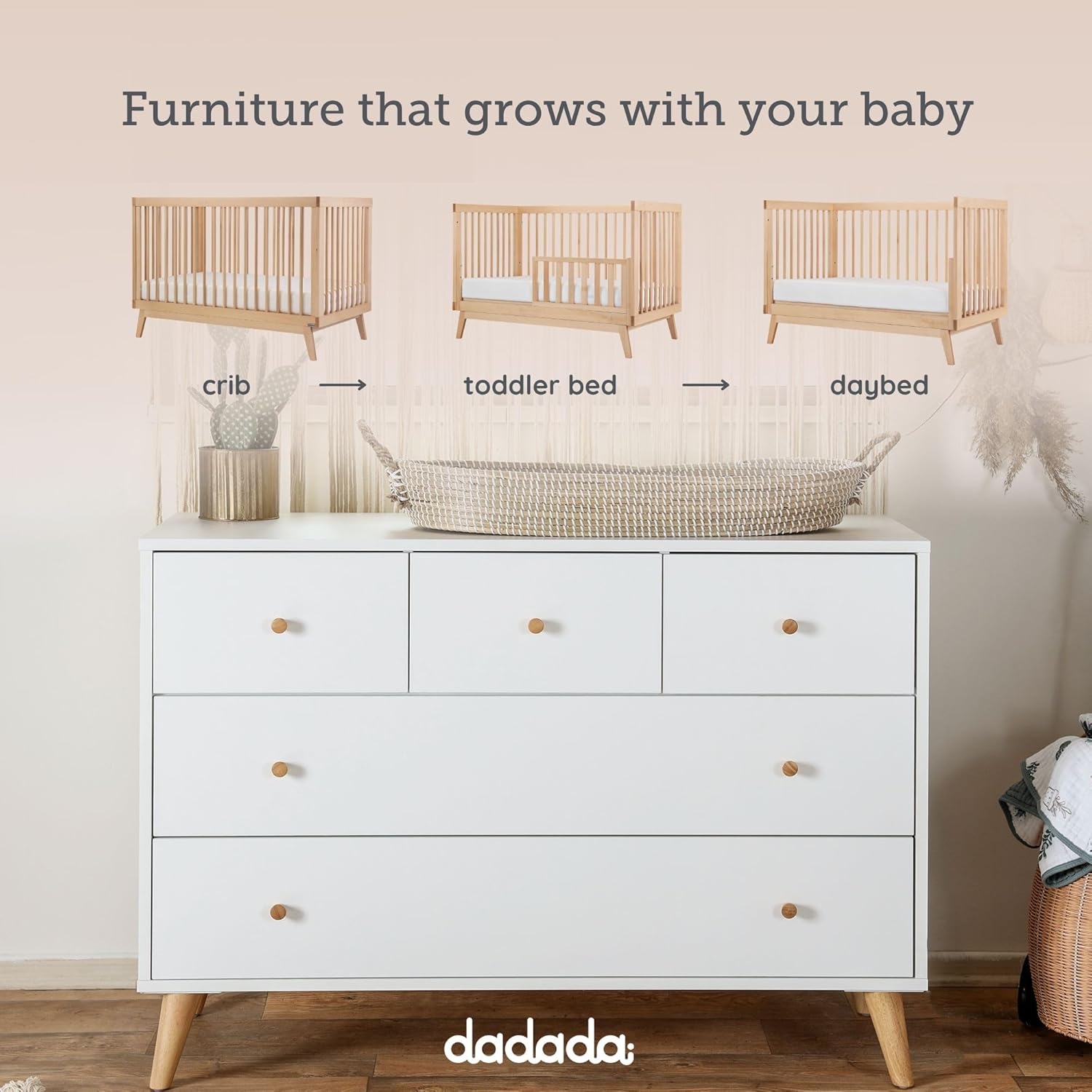 dadada Baby Harmony Set, Nursery Furniture Set. Baby Crib and Dresser Combo. Soho 3-in-1 Convertible Crib and Austin 5 Drawer Nursery Dresser. Natural Beechwood