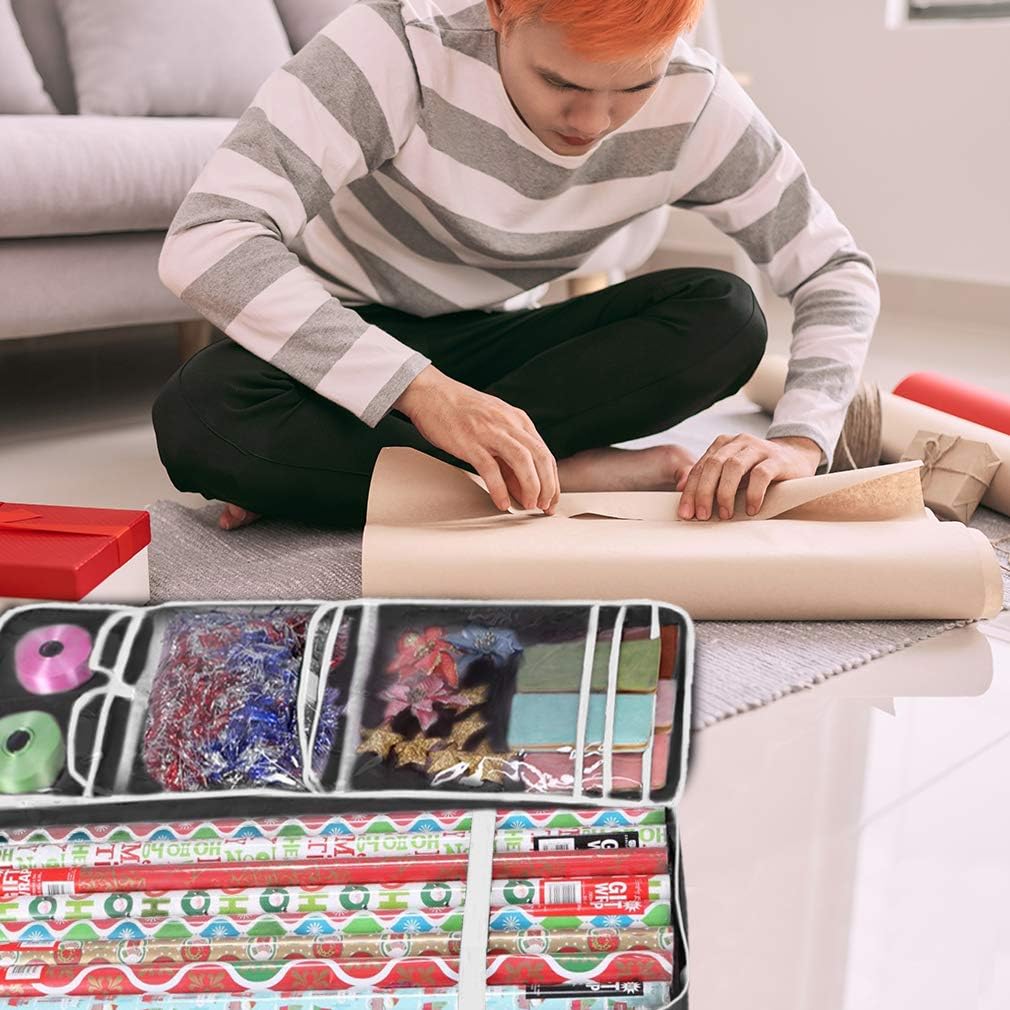Christmas Gift Wrap Organizer | Wrapping Paper Storage Container Box (37” x 14” x 4”) Constructed of Durable 600D Oxford Material (Black)