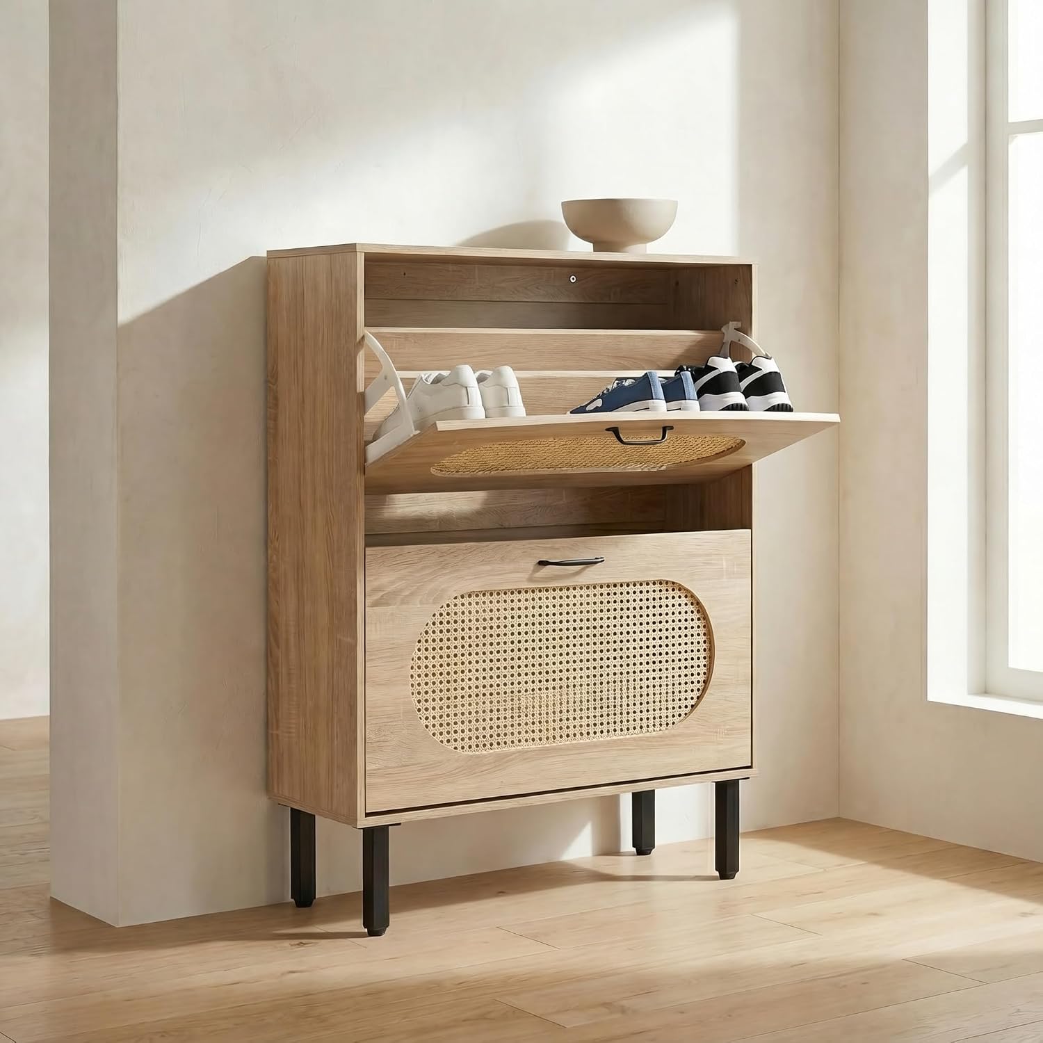 SUNCROWN 2 Flip Drawers Shoe Storage Cabinet, Freestanding Narrow Entryway Organizer, Natural Semi-Circular Rattan Doors, Adjustable Shelves & Anti-Tip Kit, Brown