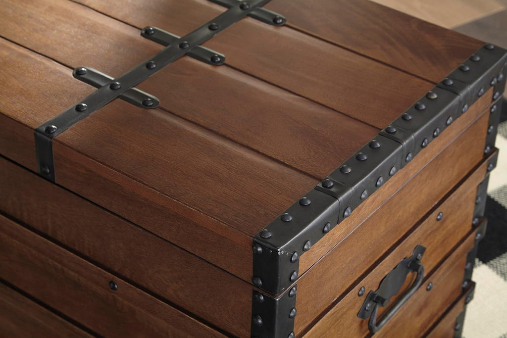 Signature Design By Ashley Kettleby Wooden Storage Box Trunk, Vintage‑Style Coffee Table With Hinged Top And Hidden Storage, Wood Construction With Metal Hardware For Living Room Organization, Brown