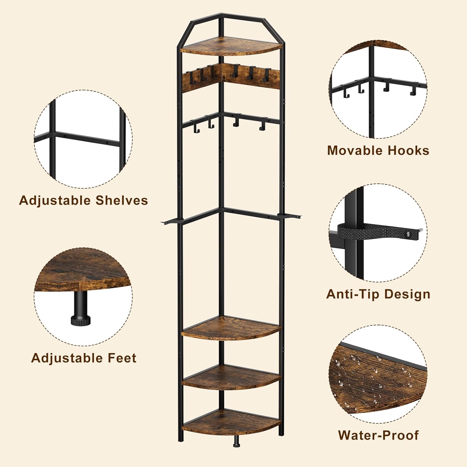 X-cosrack Corner Hall Coat Tree Freestanding with 10 Movable Hook, Shelf-Adjustable Coat Rack Stand for Purse, Hat, Bag and Shoe, Narrow for Small Space Living Room Bedroom Office Entryway Storage
