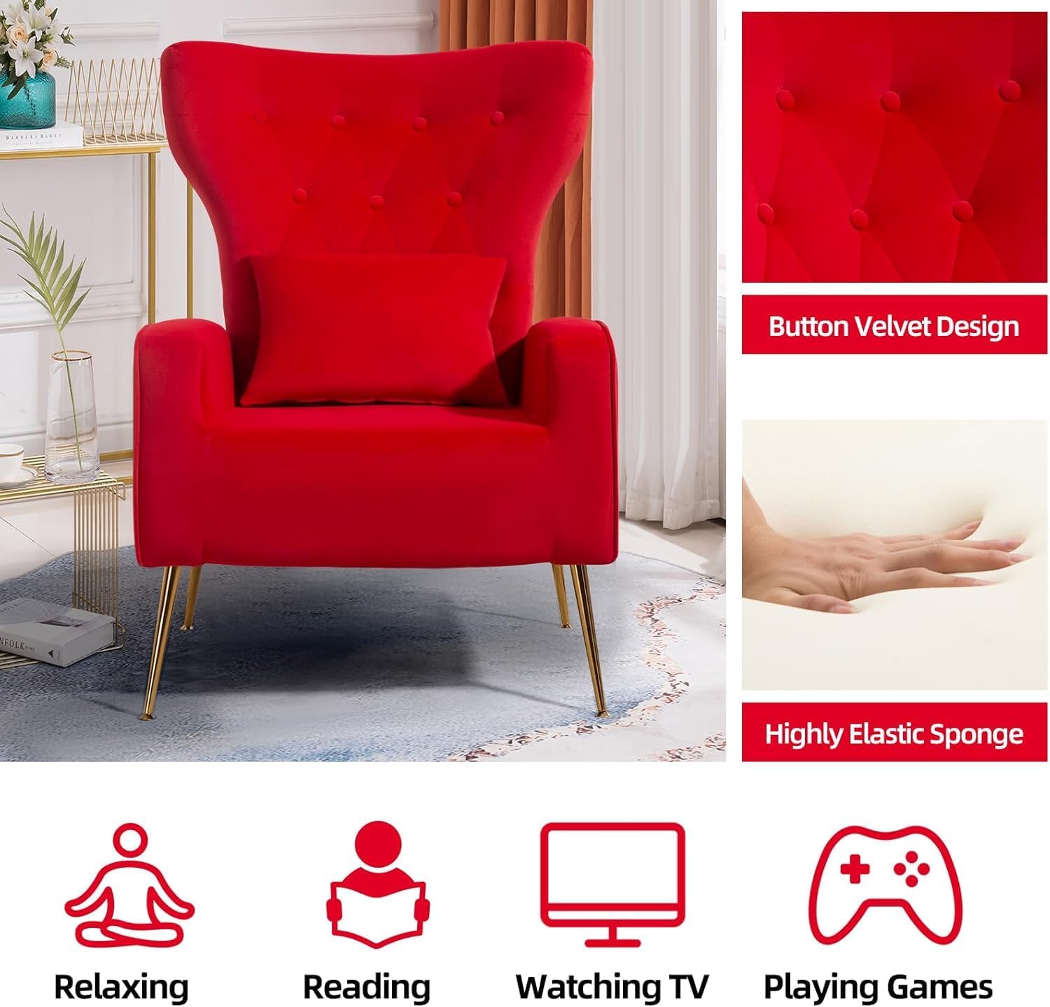 Velvet Accent Arm Chairs Set of 2, Mid-Century Modern Living Room Chair, Wingback Bedroom Side Chair with Gold Legs & Pillow, Button-Tufted, Red