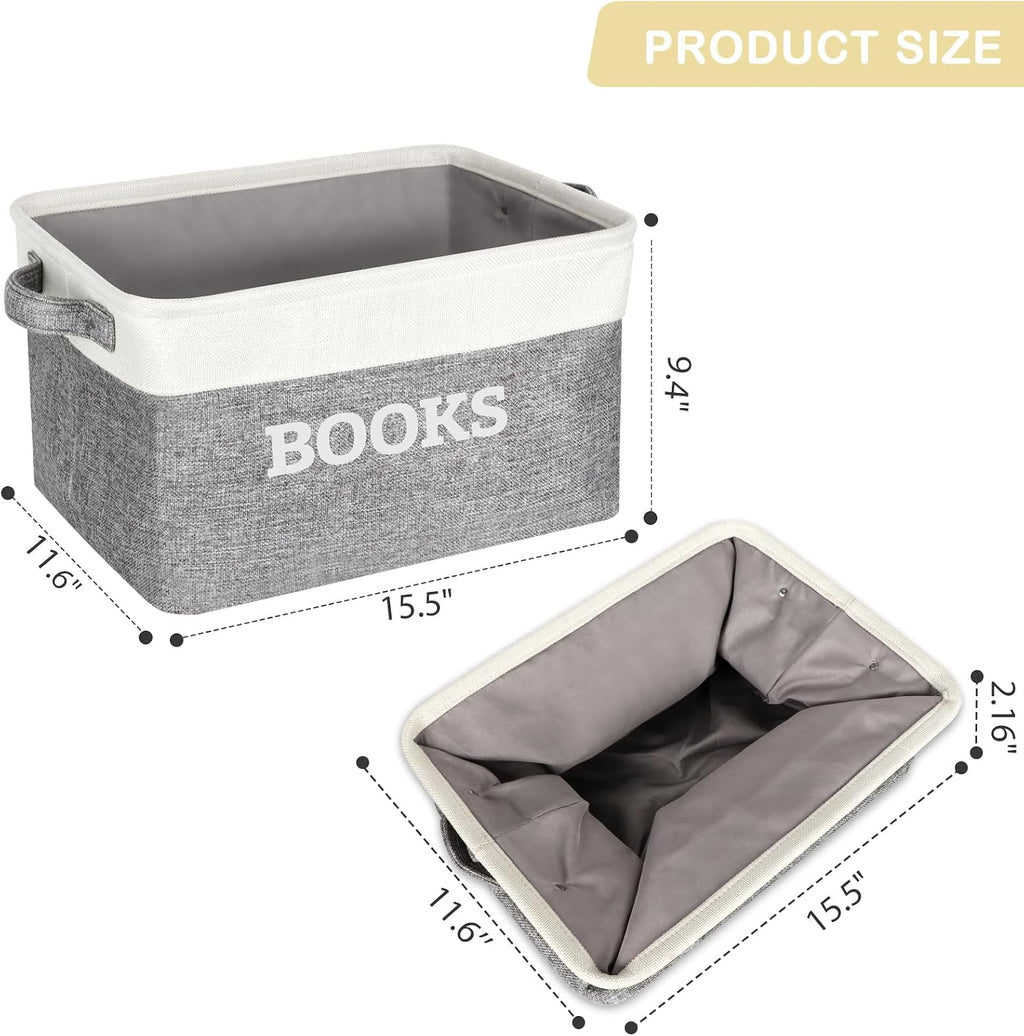 Lukeline Book Storage Baskets for Organizing, 15.5 x 11.6 x 9.4 Storage Basket for Books Cookbook and Recipe, Collapsible Storage Bin, Decorative Baskets for Home, Shelves, Classroom (BOOKS)