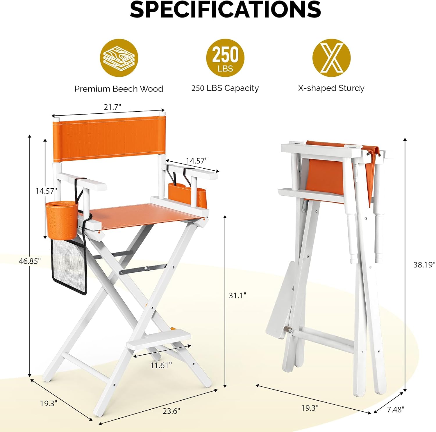 OmySalon Director's Chair 31" Height Folding Portable w/Storage Pouch & Footrest, Makeup Artist Chair for Salon, Events, Mobile, 250lb Capacity, White Wood Frame & Orange Canvas Seat