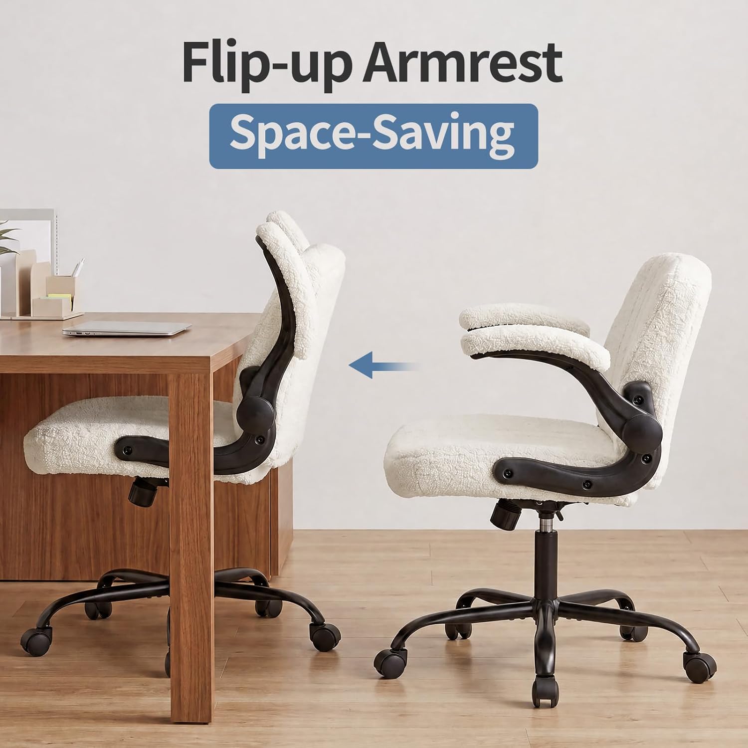 DUMOS Criss Cross Home Office Chair with Wheels, Wide Cross Legged Desk Vanity Chair Comfy Fabric Flip-Up Armrests Adjustable Swivel Chairs for Home Computer Bedroom, Creamy White