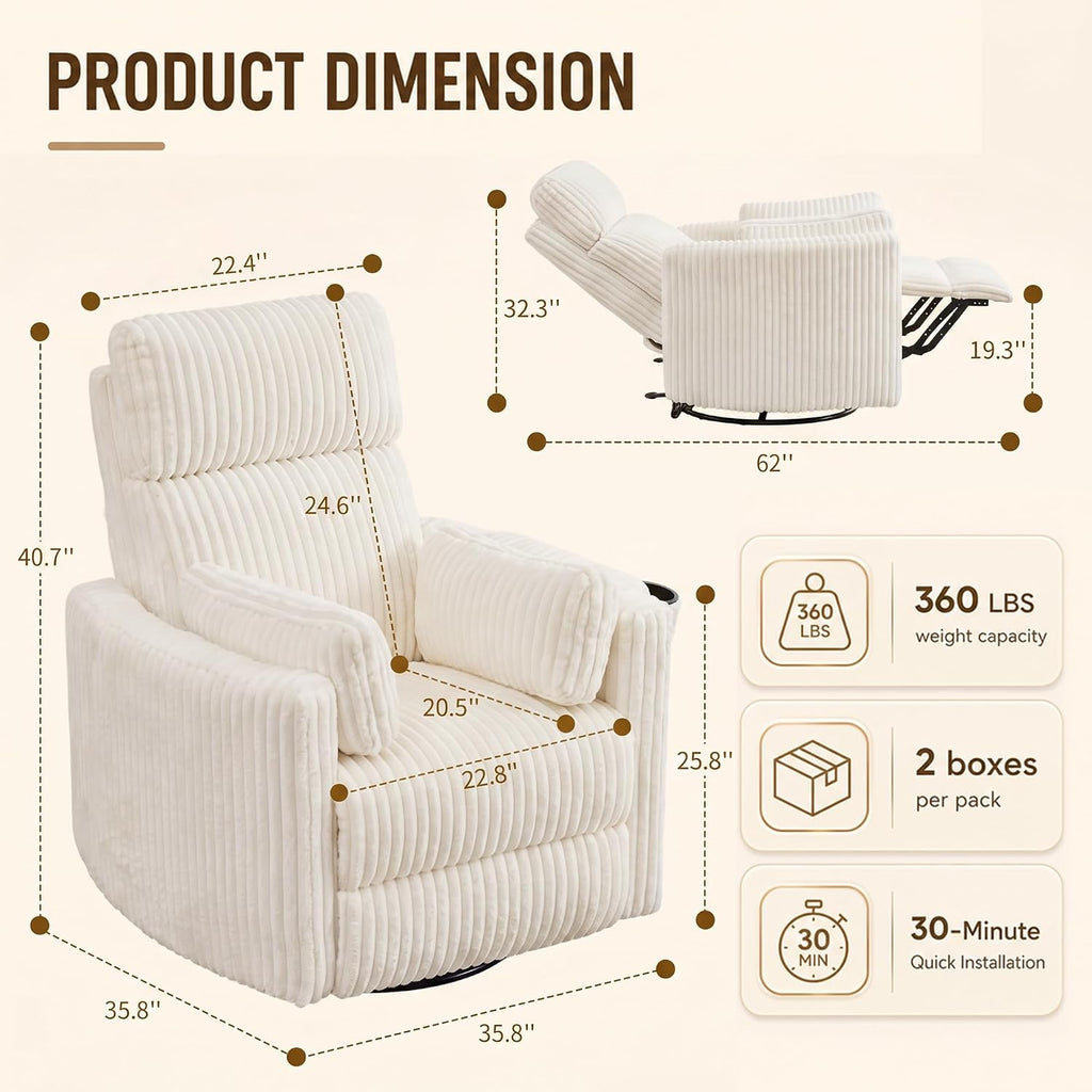 IPKIG Power Swivel Recliner Nursery Rocking Glider Chairs, Corduroy, Beige | LED Light, USB & Type-C Ports, and Cup Holder – Electric Rocking Reclining Chair for Baby Nursing, Living Room, and Bedroom