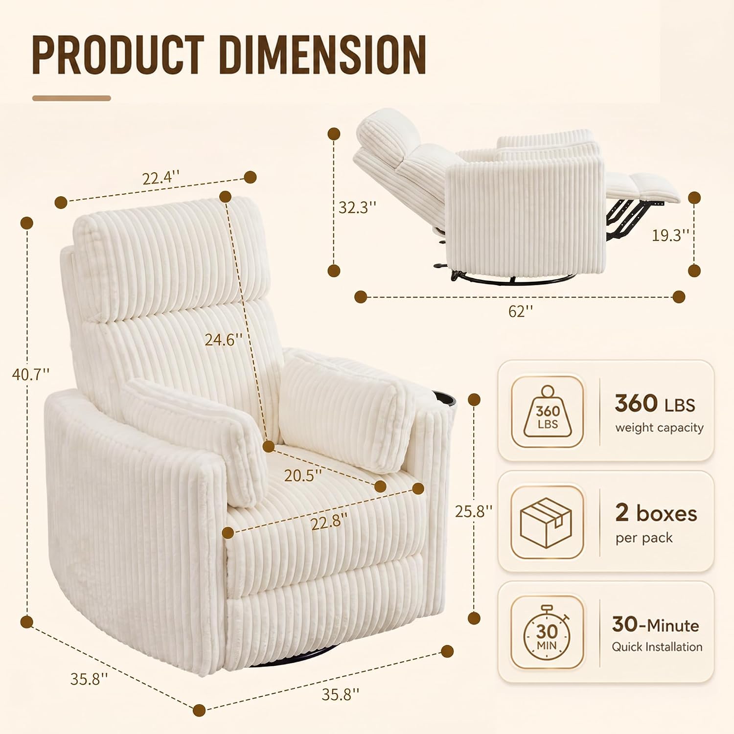 IPKIG Power Swivel Recliner Nursery Rocking Glider Chairs, Corduroy, Beige | LED Light, USB & Type-C Ports, and Cup Holder – Electric Rocking Reclining Chair for Baby Nursing, Living Room, and Bedroom