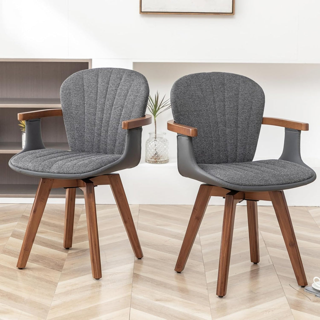 LUNLING Swivel Dining Chairs, Mid Century Modern Gray Fabric+Faux Leather Kitchen Chairs with Arms,Bamboo Legs Side Chairs No Wheels,Accent Chair for Dining Rooms and Offices,Gray Fabric,1PCS