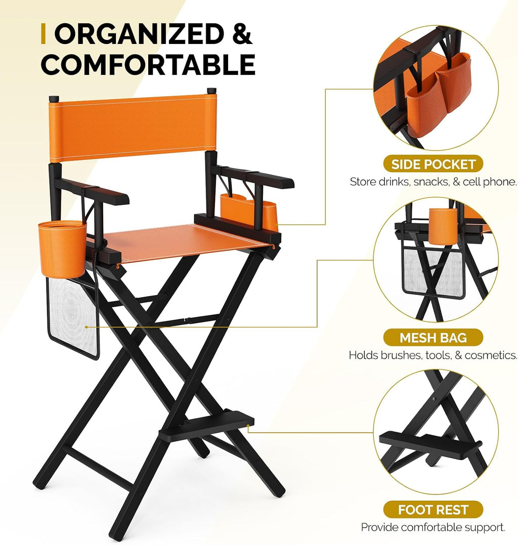 OmySalon Director's Chair 31" Height Folding Portable w/Storage Pouch & Footrest, Makeup Artist Chair for Salon, Events, Mobile, 250lb Capacity, Black Wood Frame & Orange Canvas Seat