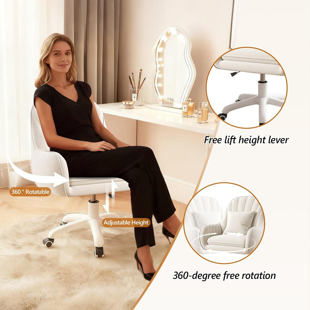 JPBSTO Upholstered Desk Chair with Pillow Swivel Rolling Accent Chair for Women Girls, Adjustable Height Vanity Chair with Wheels for Living Room, Home Office, Cream