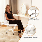 JPBSTO Upholstered Desk Chair with Pillow Swivel Rolling Accent Chair for Women Girls, Adjustable Height Vanity Chair with Wheels for Living Room, Home Office, Cream