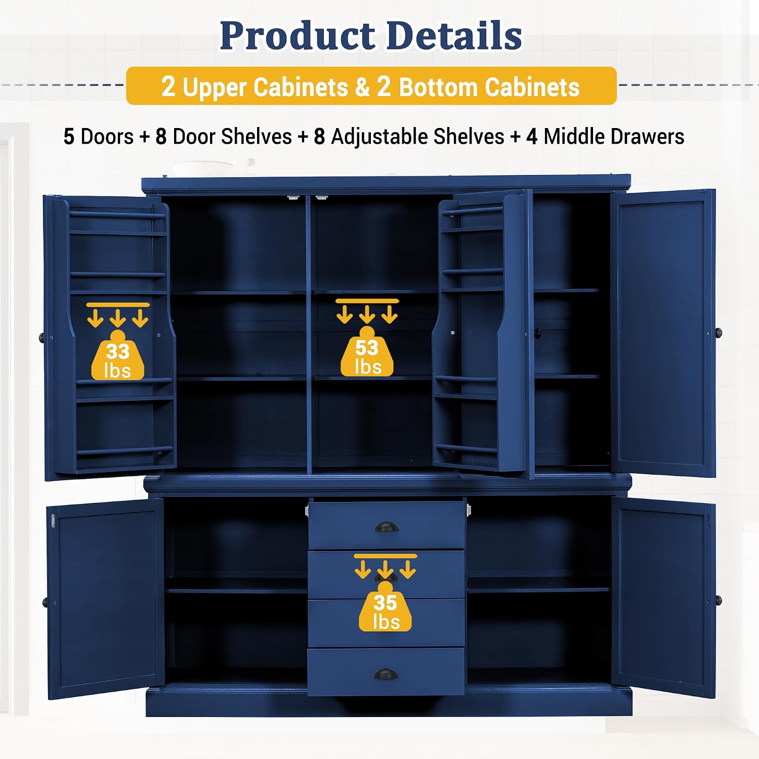 Merax 73''H Freestanding Wooden Kitchen Pantry Storage Cabinet, Organizers with 2 Upper & 2 Bottom Cabinets & 4 Drawers & 8 Adjustable Shelves, Anti-Tipping Device Cupboard for Dining Room, Blue