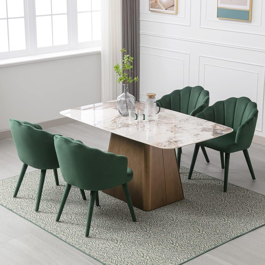 Velvet Dining Chairs Set of 2 Modern Living Room Chairs with Petal Back & Wood Legs Comfy Upholstered Accent Chair Side Chair for Dining Room/Bedroom/Vanity, Green